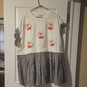 Cream Cherry Graphic Gingham Drop-Waist Dress